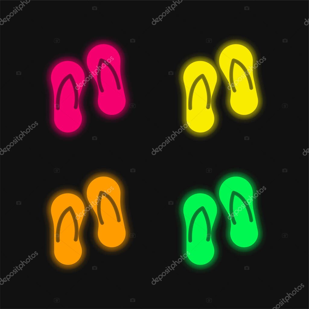Beach Slippers four color glowing neon vector icon