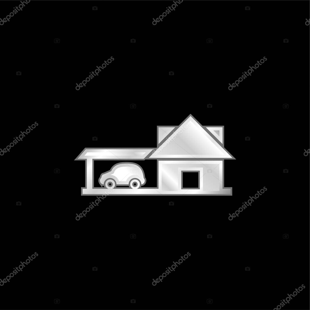 Big House With Car Garage silver plated metallic icon