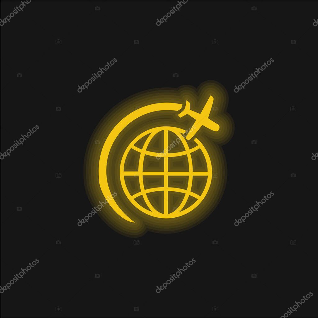 Airplane Flight In Circle Around Earth yellow glowing neon icon