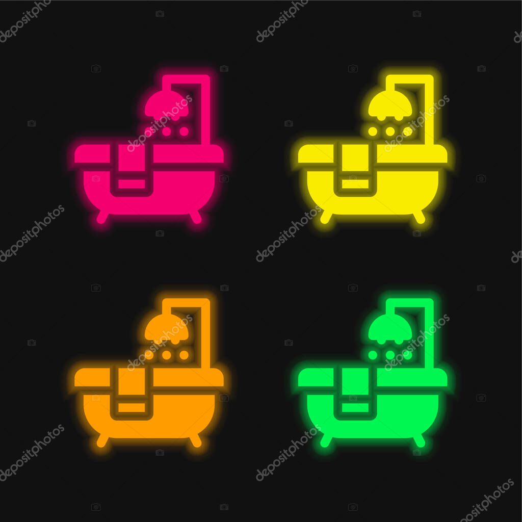 Bathtub four color glowing neon vector icon