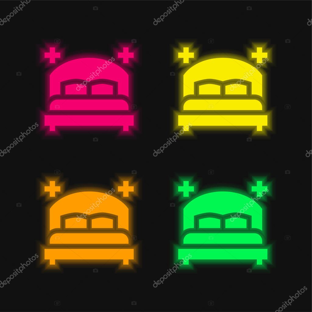 Bedroom four color glowing neon vector icon