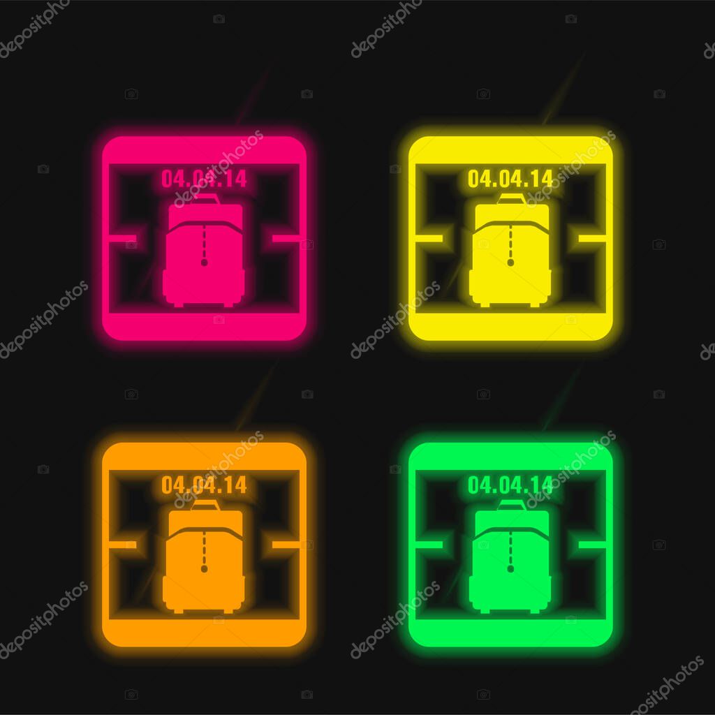 April 4 Of 2014 Calendar Page With Travel Bag Reminder Symbol four color glowing neon vector icon