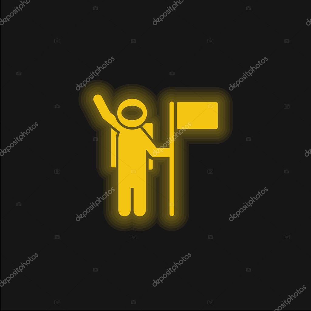 Astronaut With A Flag yellow glowing neon icon