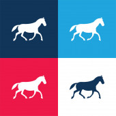 Black Race Horse Walking Pose blue and red four color minimal icon set
