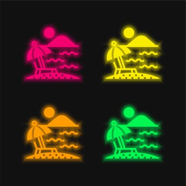 Plaj dört renk parlayan neon vektör simgesi