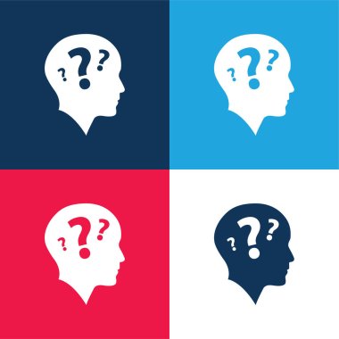 Bald Head Side View With Three Question Marks blue and red four color minimal icon set clipart