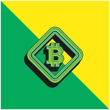 Bitcoin Uyarı Sembolü Yeşil ve Sarı 3D vektör simgesi logosu