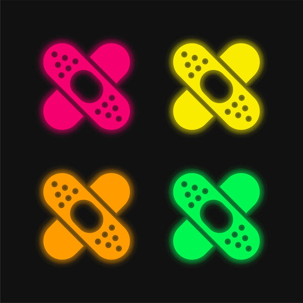 Band Aid Forming A Cross Mark four color glowing neon vector icon