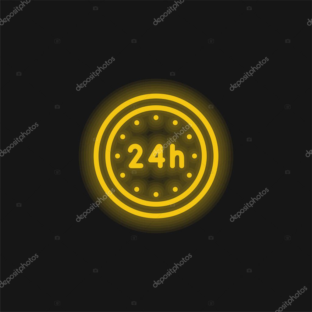 24 Hours yellow glowing neon icon