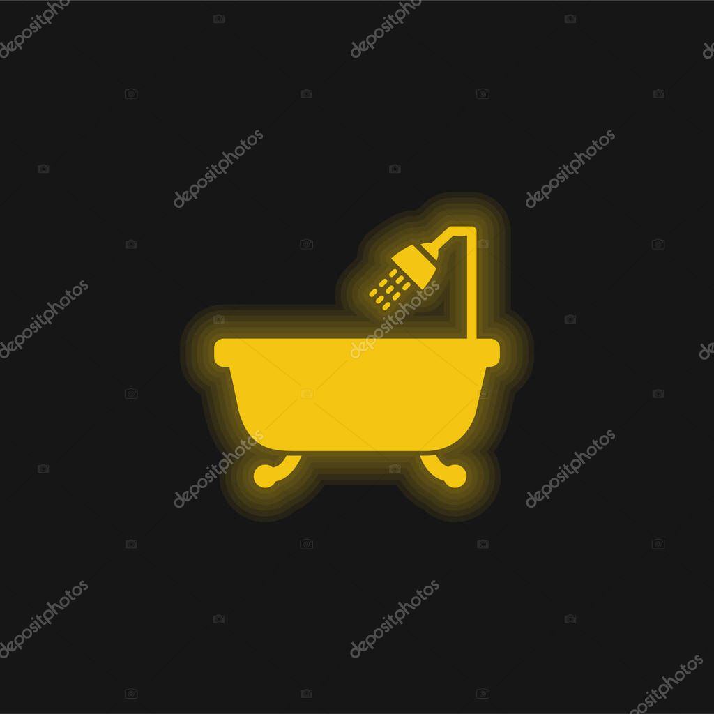 Bathtub With Opened Shower yellow glowing neon icon