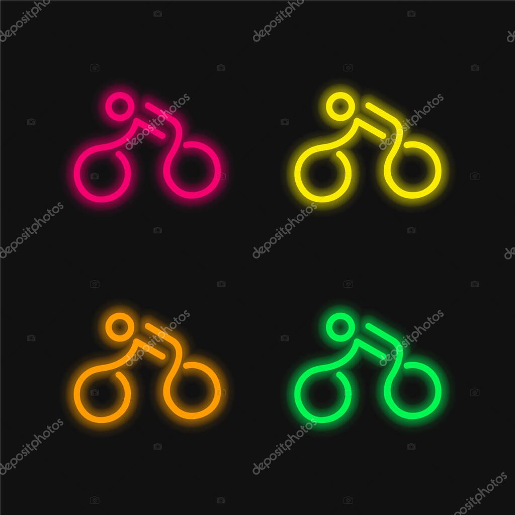 Bicycle Mounted By A Stick Man four color glowing neon vector icon