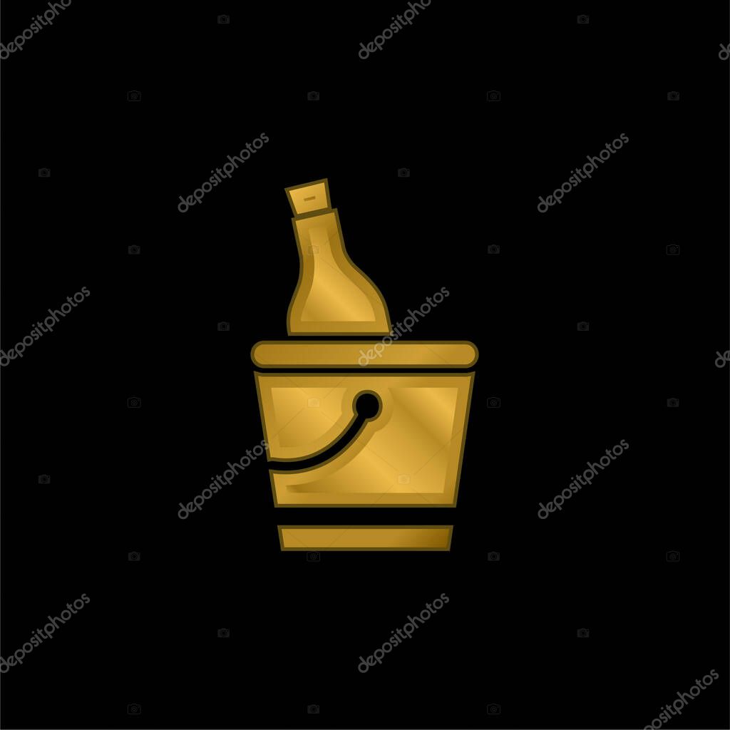 Bottle And Ice Bucket gold plated metalic icon or logo vector