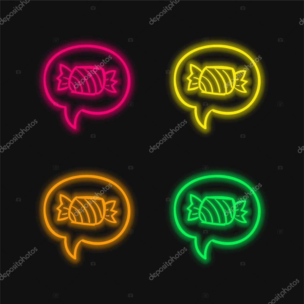 Asking For A Candy In Halloween four color glowing neon vector icon