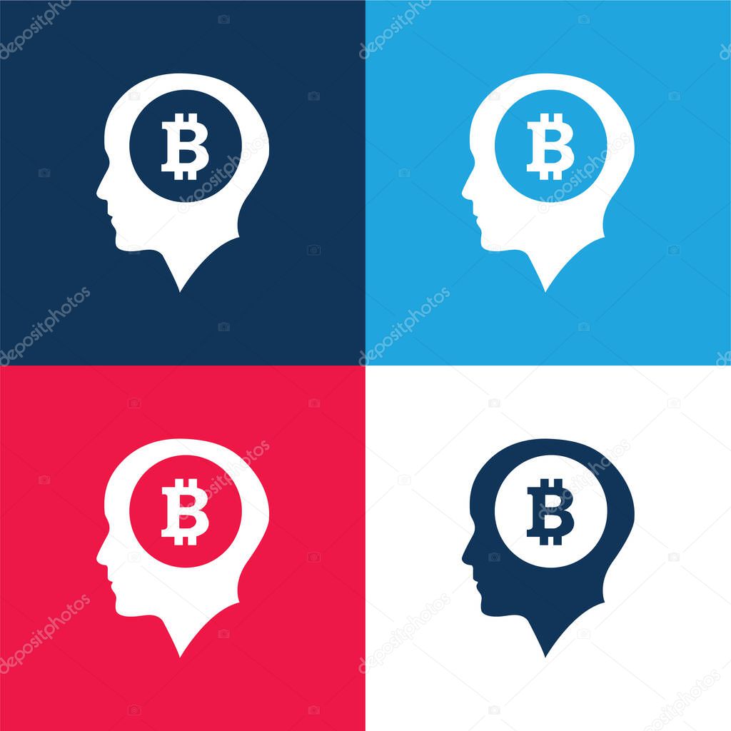 Bitcoin Symbol Inside Head blue and red four color minimal icon set