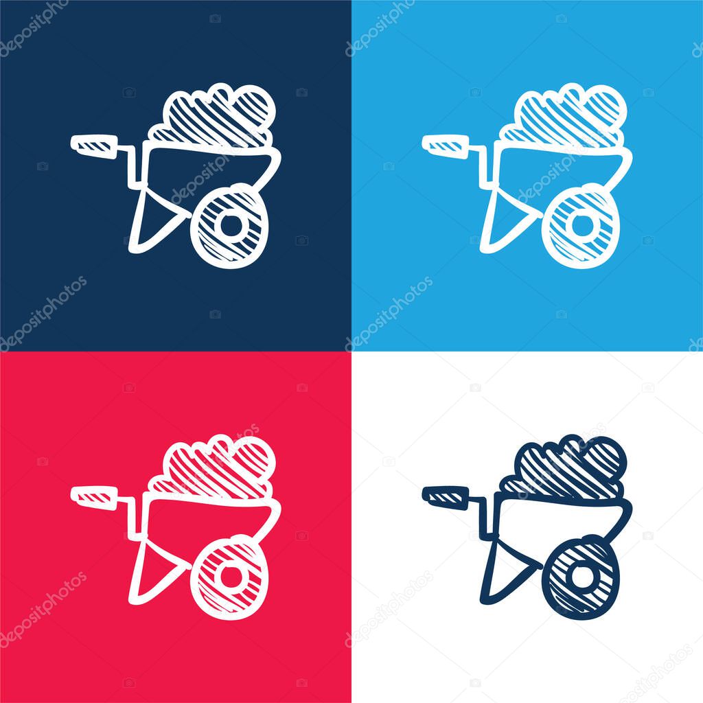 Barrow Full Of Construction Material Hand Drawn Tool blue and red four color minimal icon set