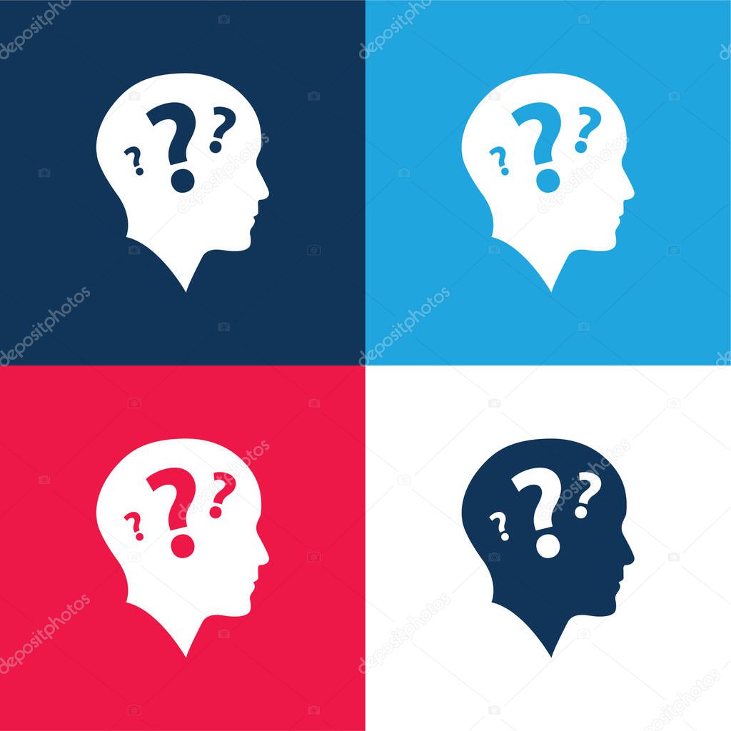 Bald Head Side View With Three Question Marks blue and red four color minimal icon set