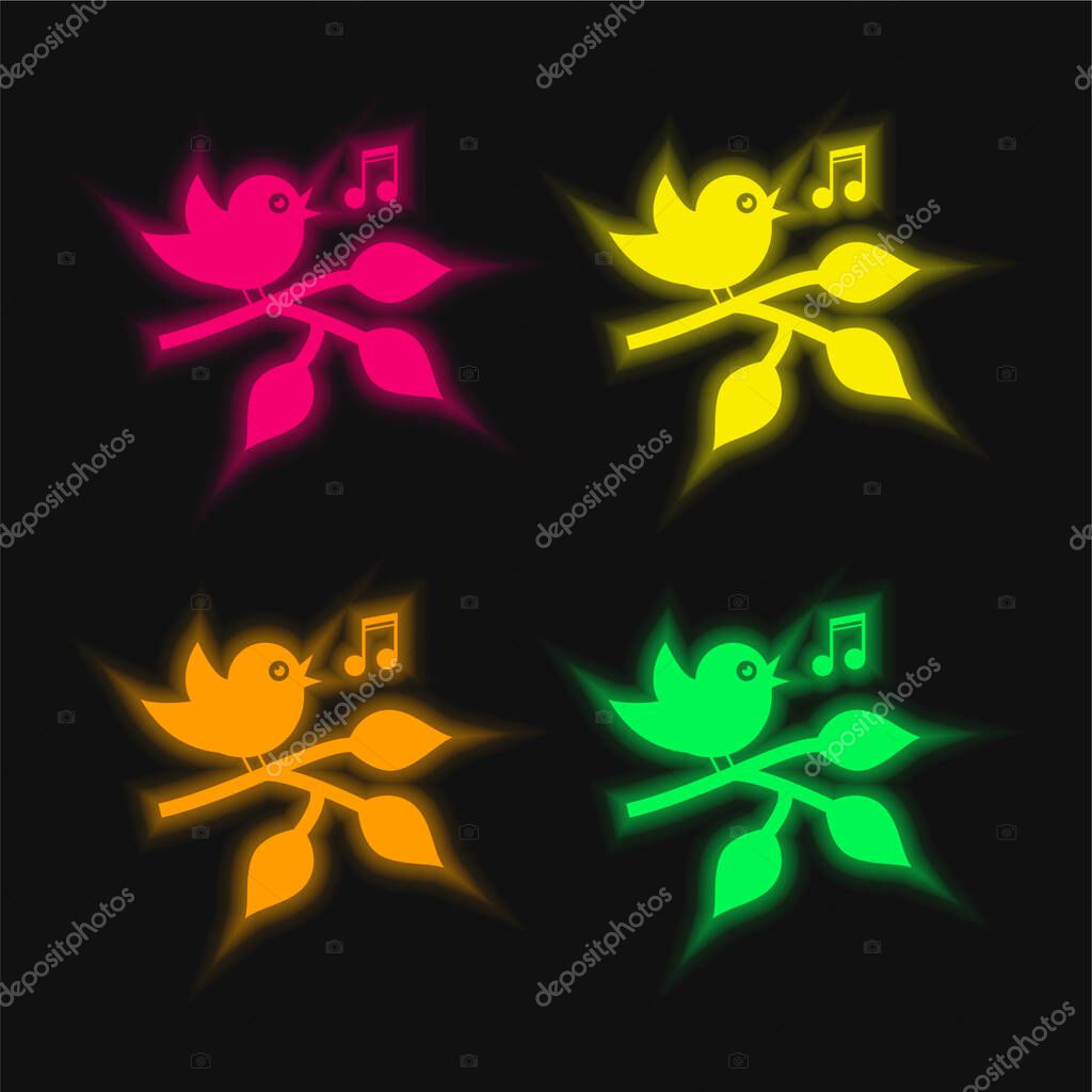 Bird Singing On A Branch With Leaves four color glowing neon vector icon