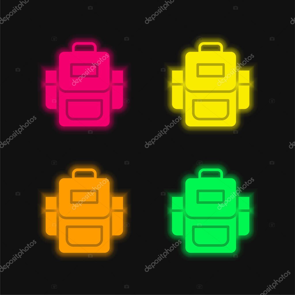 Backpack four color glowing neon vector icon
