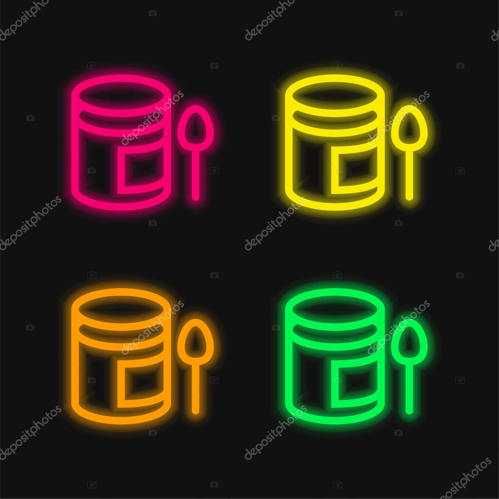 Baby Puree Pot And A Spoon four color glowing neon vector icon