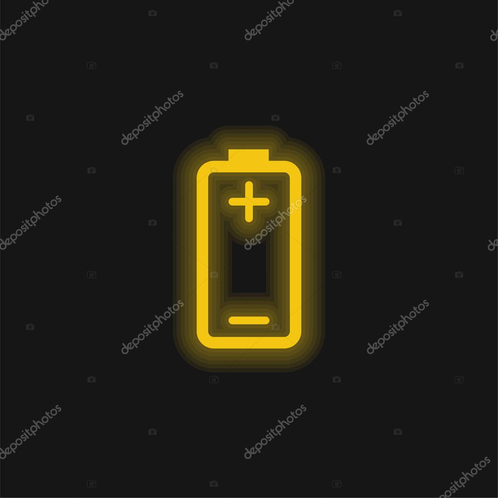 Battery With Plus And Minus Signs Of Positive And Negative Poles yellow glowing neon icon