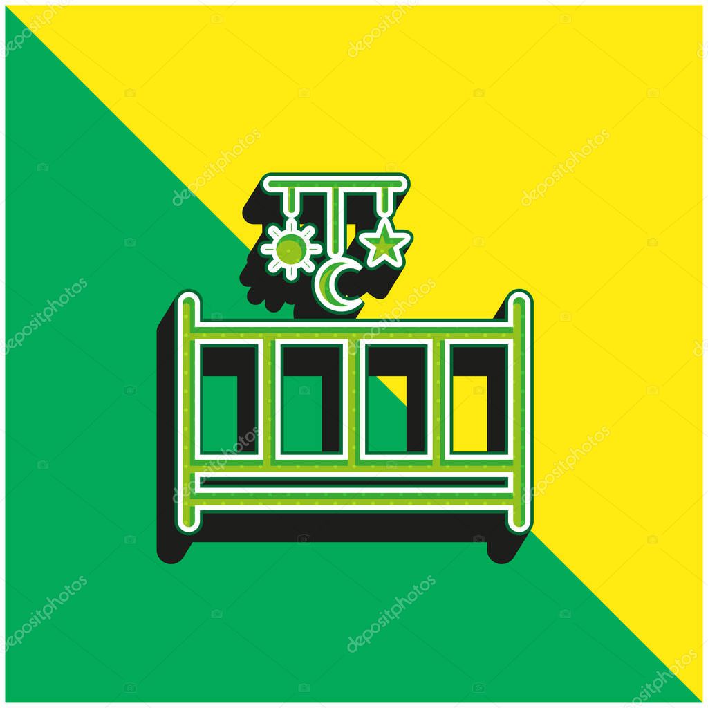 Baby Bed With A Mobile Toy With Hanging Shapes Of Sun Moon And Star Green and yellow modern 3d vector icon logo