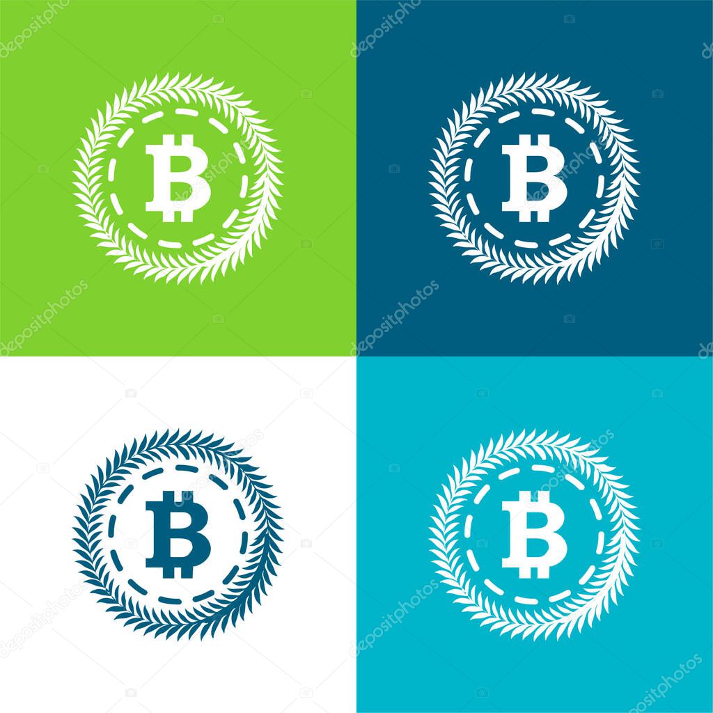 Bitcoin Surrounded By A Circle Of Olive Leaves Flat four color minimal icon set