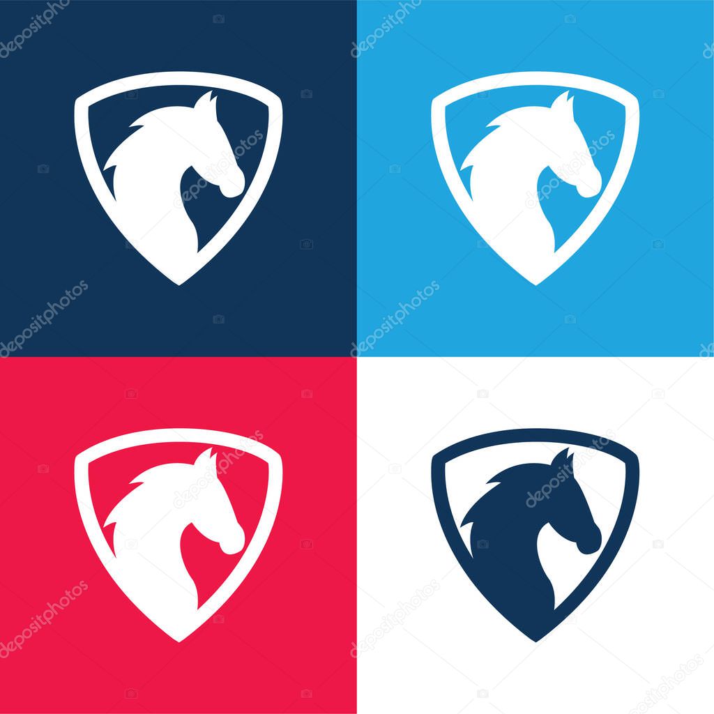 Black Horse Head In A Shield blue and red four color minimal icon set