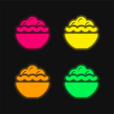 Gıda dolu kase Dört renkli parlayan neon vektör simgesi