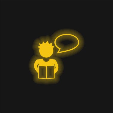 Sınıf sarı parlak neon ikonu için okuyan çocuk