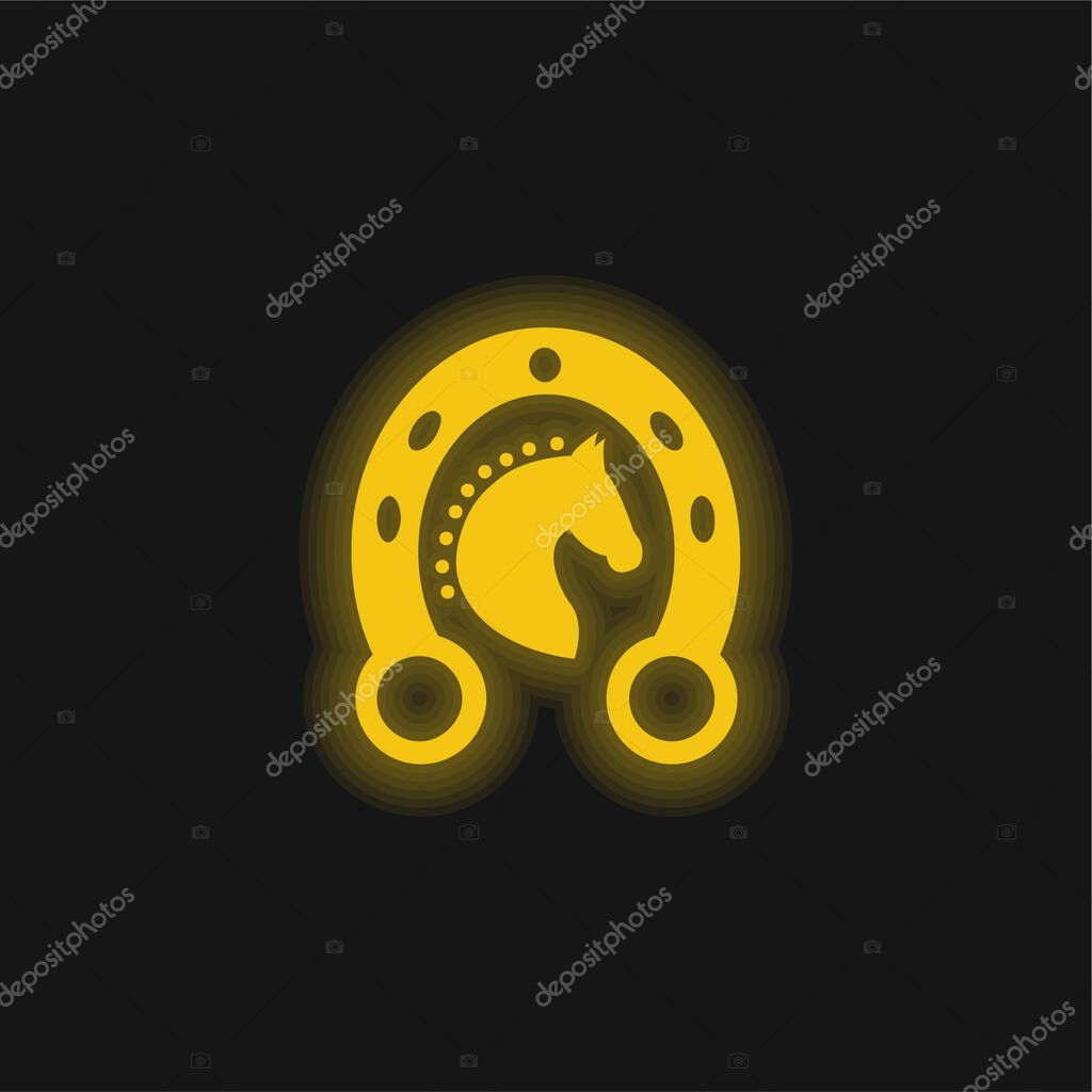 Black Head Horse In A Horseshoe yellow glowing neon icon