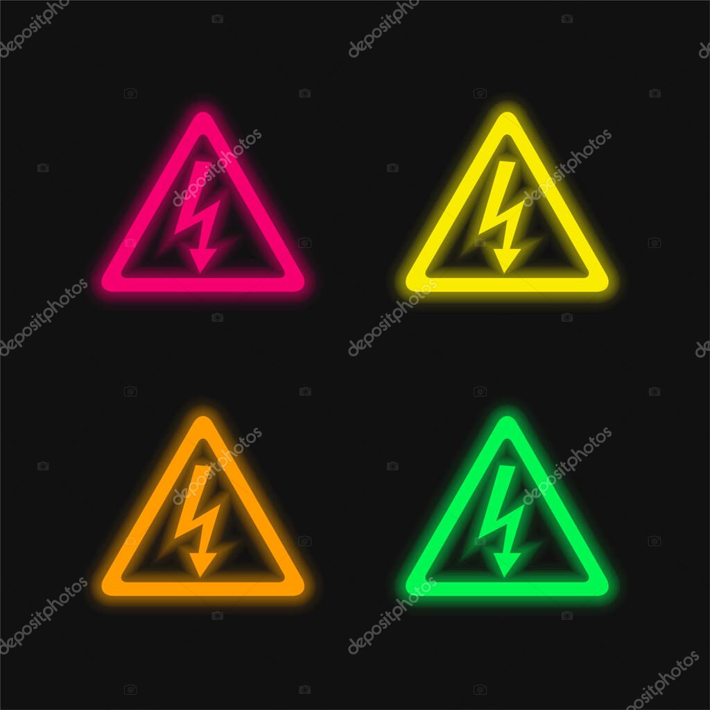Arrow Bolt Signal Of Electrical Shock Risk In Triangular Shape four color glowing neon vector icon