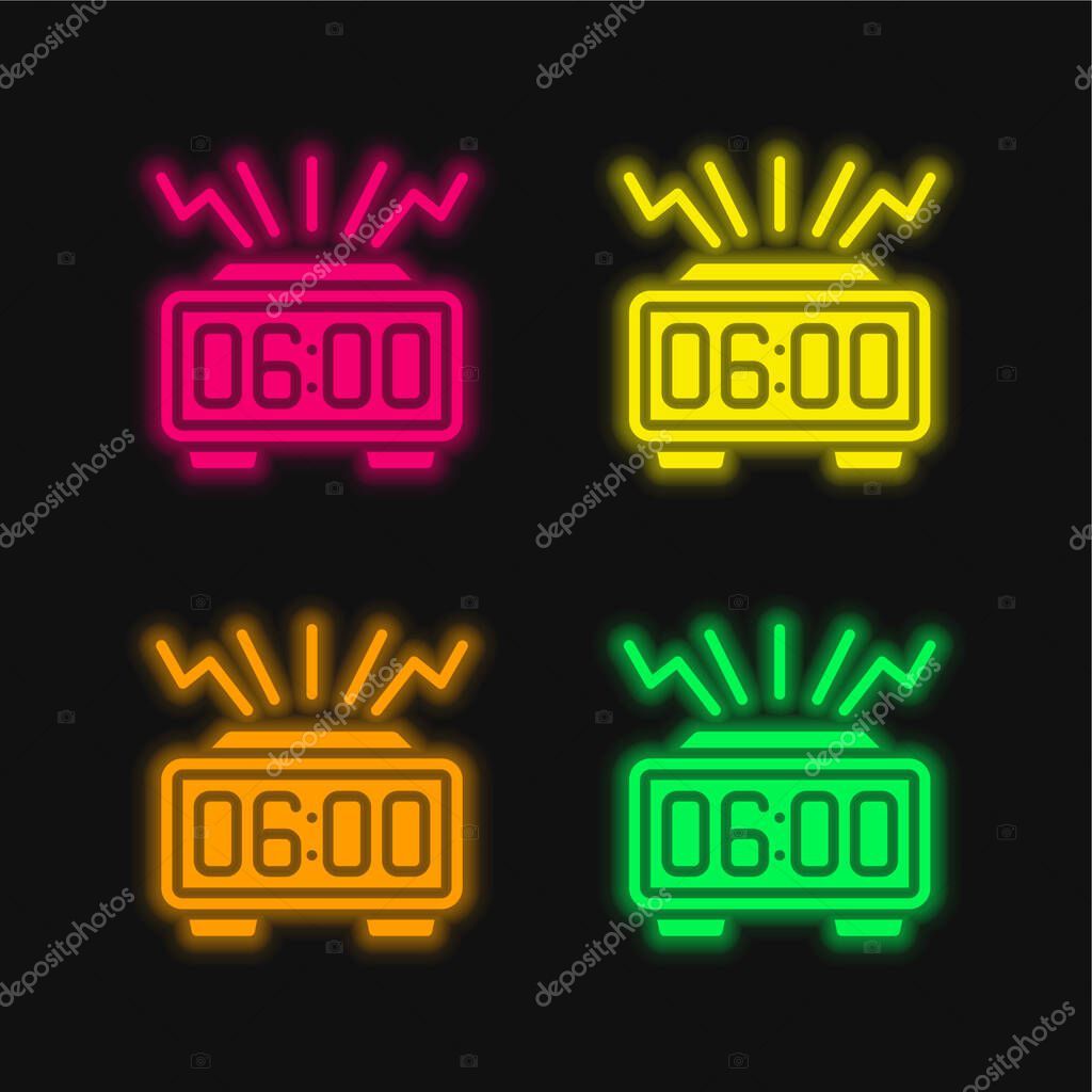 Alarm Clock four color glowing neon vector icon