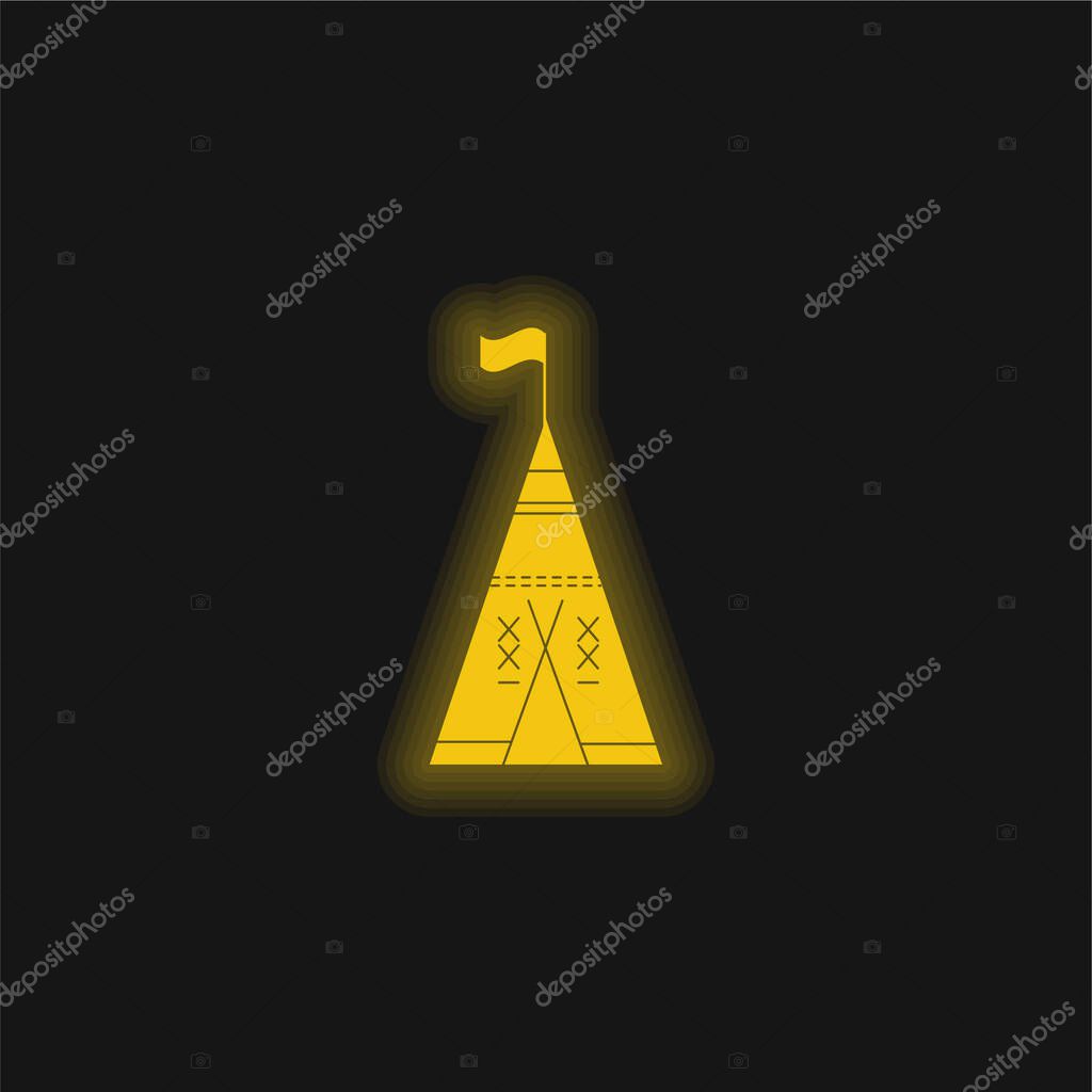 African Tribal Tent With Flag yellow glowing neon icon