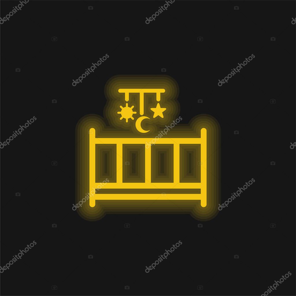 Baby Bed With A Mobile Toy With Hanging Shapes Of Sun Moon And Star yellow glowing neon icon
