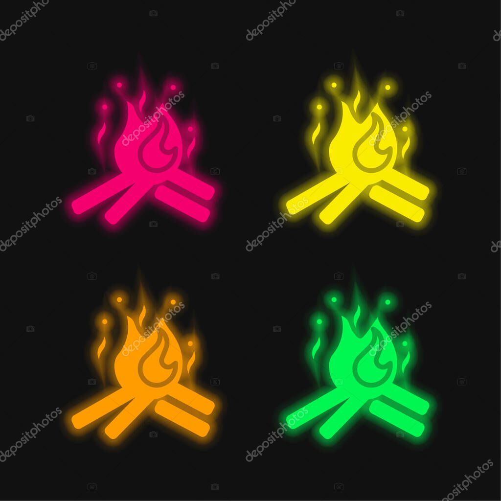 Bonfire four color glowing neon vector icon