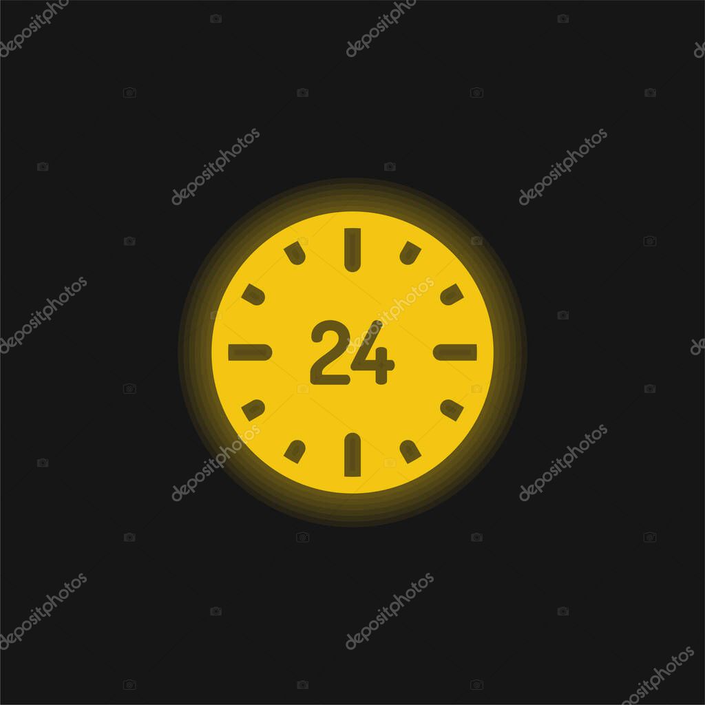 24 Hours yellow glowing neon icon
