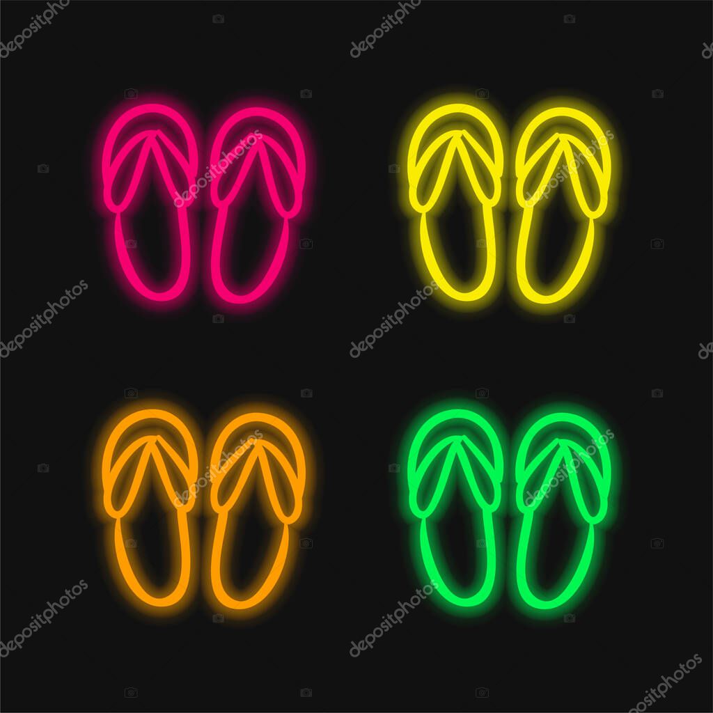 Beach Sandals Hand Drawn Outline four color glowing neon vector icon