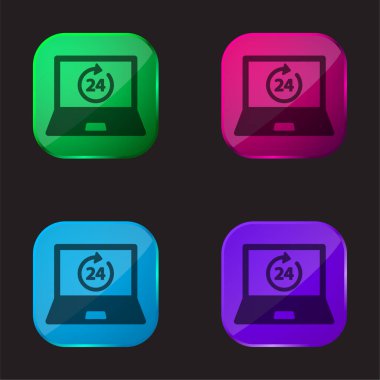 24 Hours On Laptop Screen four color glass button icon clipart