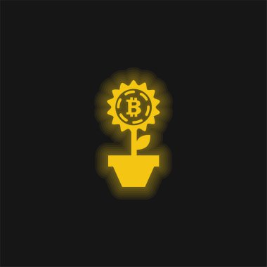 Bitcoin Çiçeği Bir saksı sarı parlak neon ikonunda