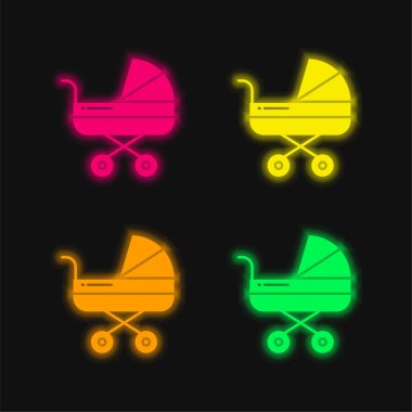 Bebek Stroller dört renkli parlayan neon vektör simgesi