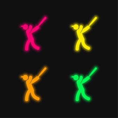Beyzbol oyuncusu dört renk parlayan neon vektör simgesi