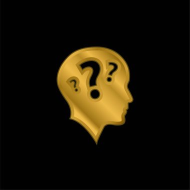 Bald Head Side View With Three Question Marks gold plated metalic icon or logo vector clipart