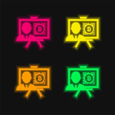 Bitcoin Sunumu Muhabir 4 renkli neon vektör simgesi