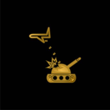 Airplane Throwing Bombs On A War Tank gold plated metalic icon or logo vector clipart