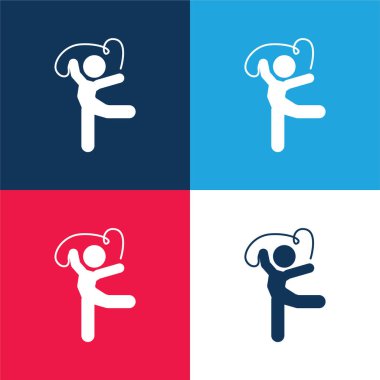 Kurdeleli sanatsal jimnastikçi duruşu mavi ve kırmızı dört renk simgesi seti