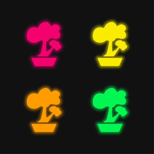 Bonsai four color glowing neon vector icon