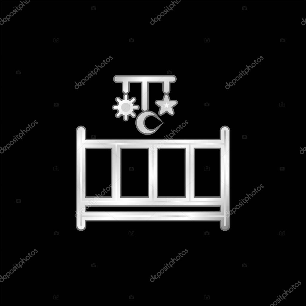 Baby Bed With A Mobile Toy With Hanging Shapes Of Sun Moon And Star silver plated metallic icon