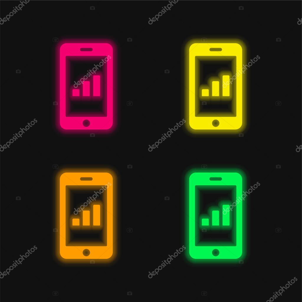 Bars Graphic On Tablet Screen four color glowing neon vector icon