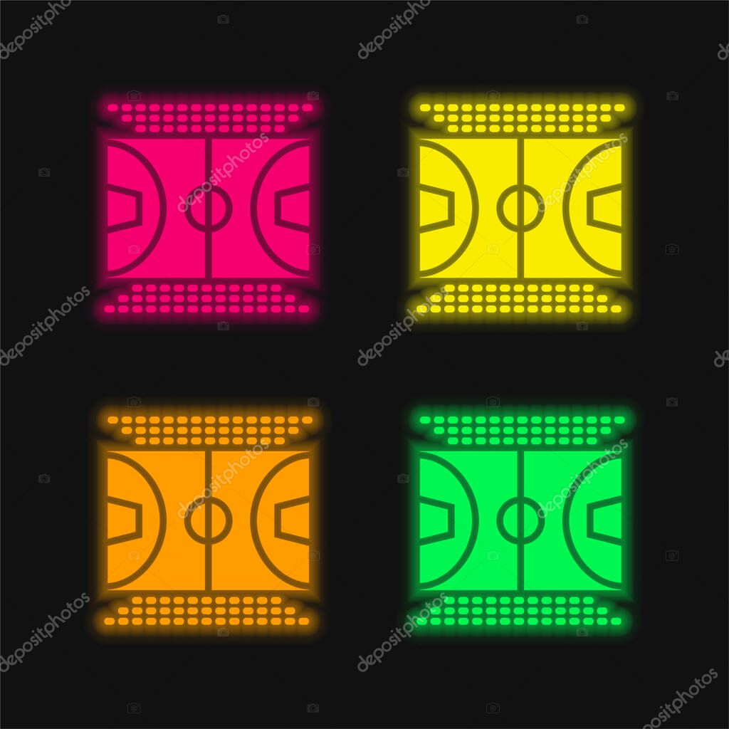 Basketball Court four color glowing neon vector icon