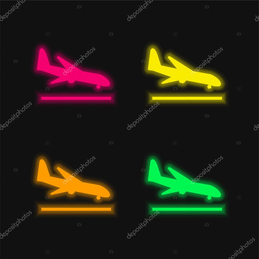 Airplane Landing four color glowing neon vector icon